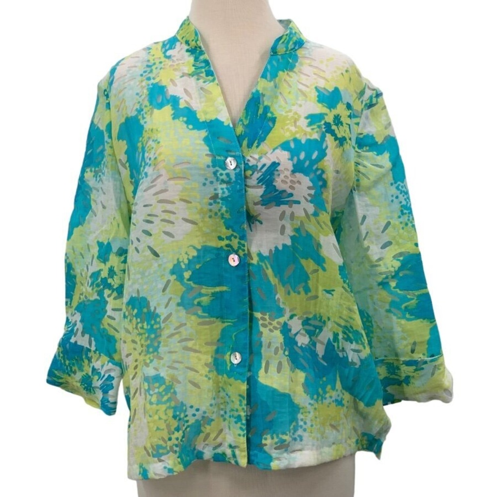 Ruby Rd Fav 3/4 Sleeve Button Front‎ Burnout Shirt Teal Yellow White Floral 10